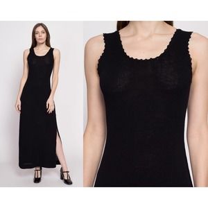 70s‎ Black Knit Side Slit Maxi Dress - Medium | Vintage Minimalist Dress